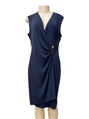 Calvin Klein Navy Blue Sleeveless Faux-Wrap Midi Dress Size 12